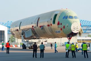 A350 XWB static aircraft fuselage roll out