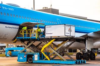 Kühlcontainer werden ins Flugzeug verladen