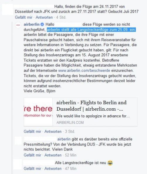 Auszug der Air-Berlin-Facebook-Seite vom 18.09.2017