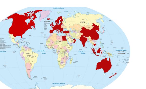 In den rot markierten Ländern hat die Boeing 737 Max derzeit Flugverbot. Stand: 13.03.2019, 21:45 Uhr